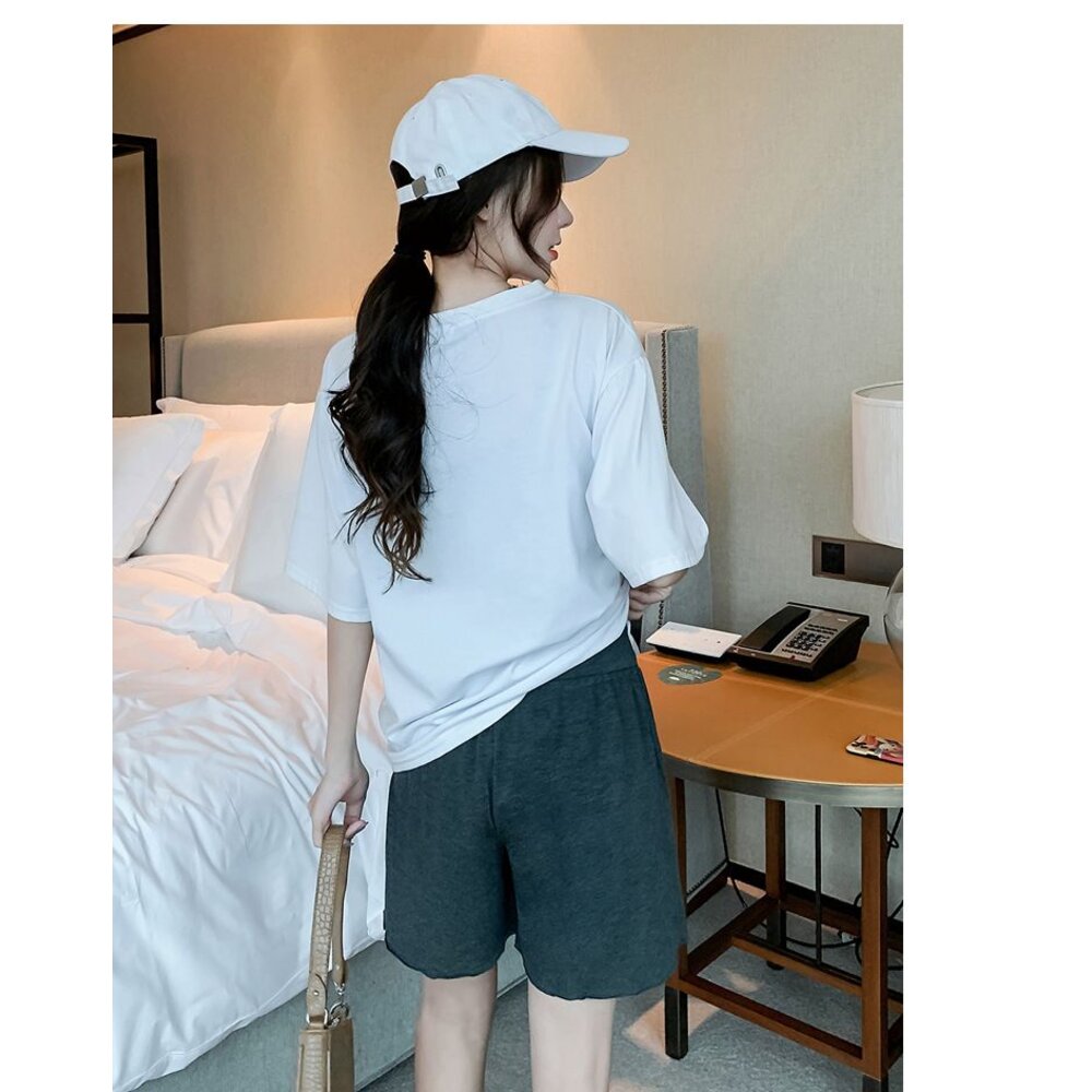 【L2201】 夏日 莫代爾 孕婦短褲 外穿 薄款 木耳邊 托腹褲 腰圍可調 孕婦 高腰 托腹 孕婦短褲-圖片-5