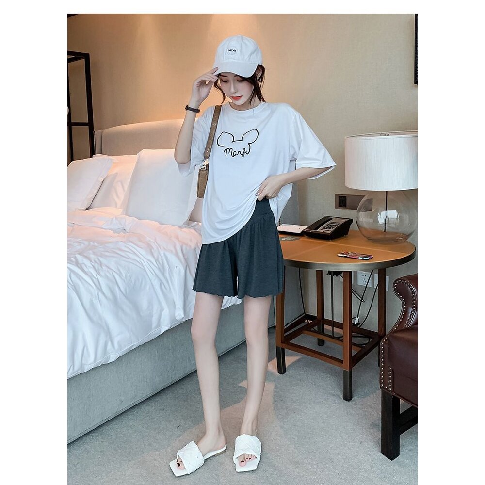 【L2201】 夏日 莫代爾 孕婦短褲 外穿 薄款 木耳邊 托腹褲 腰圍可調 孕婦 高腰 托腹 孕婦短褲-圖片-9