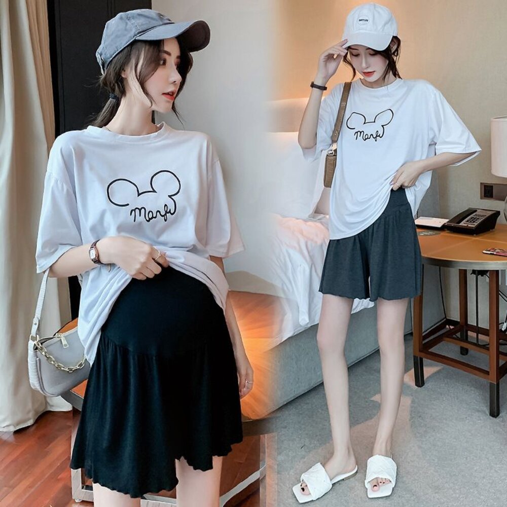 L2201-【L2201】 夏日 莫代爾 孕婦短褲 外穿 薄款 木耳邊 托腹褲 腰圍可調 孕婦 高腰 托腹 孕婦短褲