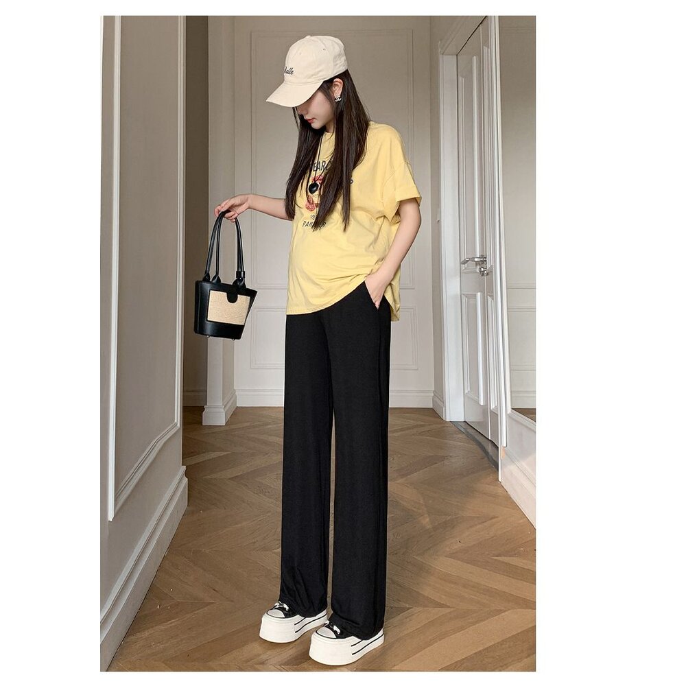 【L3210】夏日 孕婦 薄款 莫代爾 直筒 寬褲 春夏 口袋 長褲 托腹褲 韓系 實拍 拖地褲-圖片-4