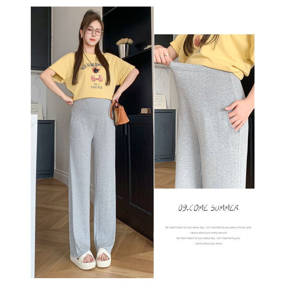 【L3210】夏日 孕婦 薄款 莫代爾 直筒 寬褲 春夏 口袋 長褲 托腹褲 韓系 實拍 拖地褲-圖片-5