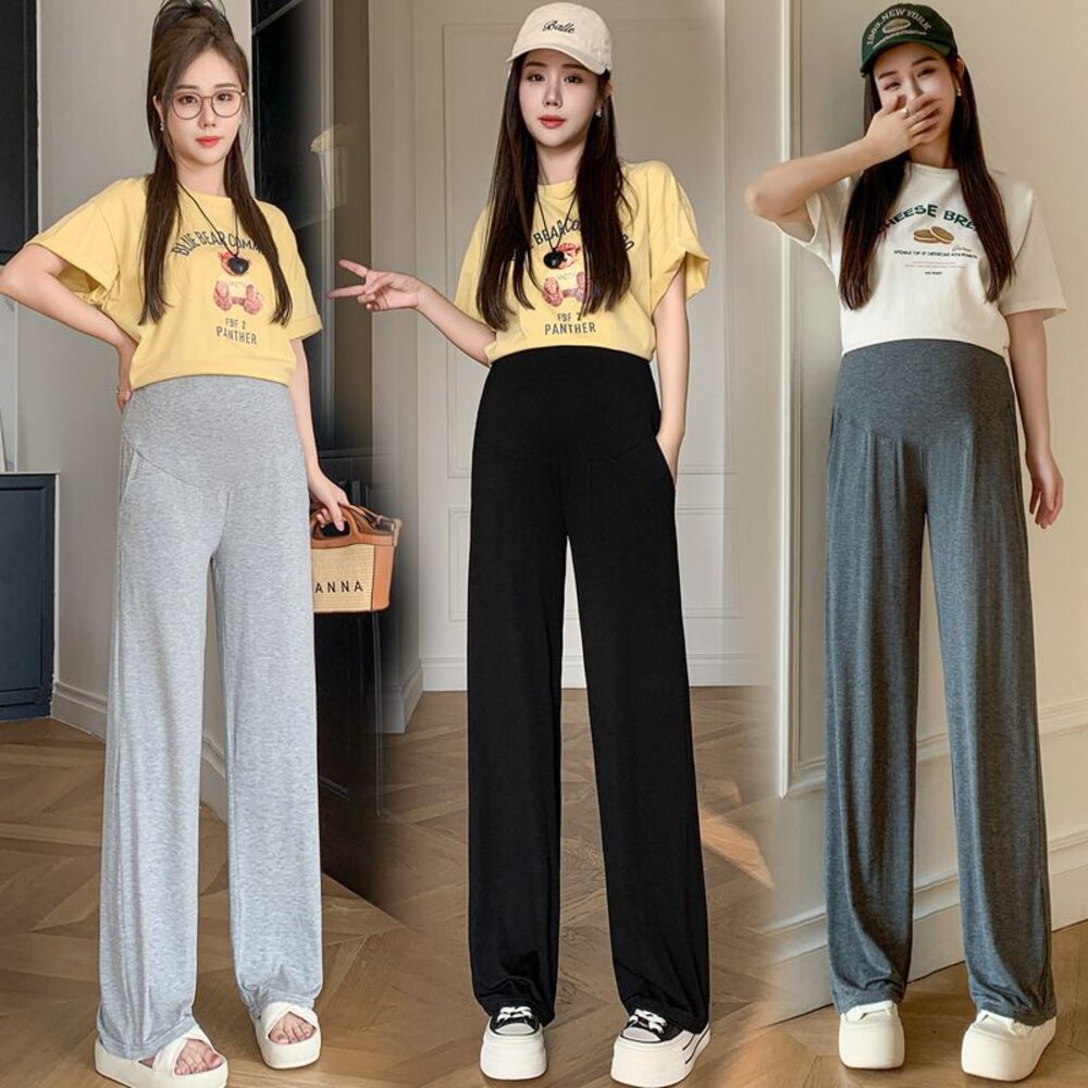 【L3210】夏日孕婦薄款莫代爾直筒寬褲春夏口袋長褲托腹褲韓系實拍拖地褲