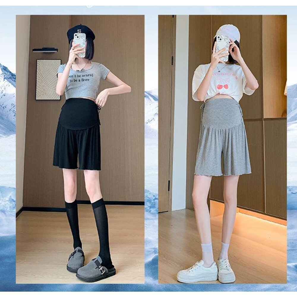 【L3219】 夏日 莫代爾 冰絲涼感纖維 孕婦短褲 薄款 A字 涼爽 托腹褲 高腰 托腹-圖片-2