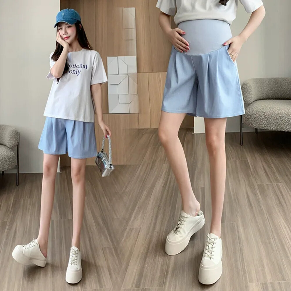 【P0168】 夏日 天絲 牛仔 韓系 托腹短褲 純色 高腰 托腹褲 孕婦短褲 孕婦褲 孕婦-圖片-1