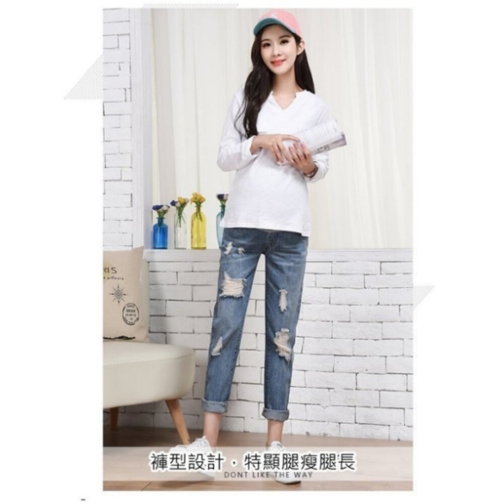 【P0186YS】 春秋 牛仔 孕婦托腹褲 孕婦裝 孕婦長褲 直筒 寬鬆 長褲 男友褲 孕婦牛仔褲-圖片-3