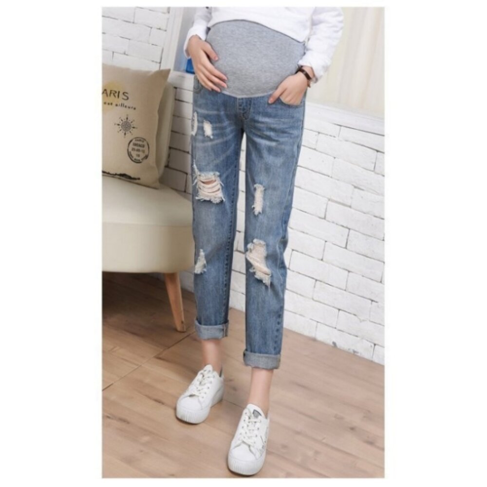 【P0186YS】 春秋 牛仔 孕婦托腹褲 孕婦裝 孕婦長褲 直筒 寬鬆 長褲 男友褲 孕婦牛仔褲-圖片-6