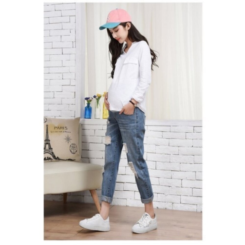 【P0186YS】 春秋 牛仔 孕婦托腹褲 孕婦裝 孕婦長褲 直筒 寬鬆 長褲 男友褲 孕婦牛仔褲-圖片-7