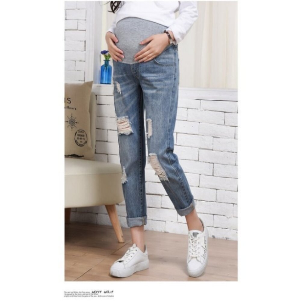 【P0186YS】 春秋 牛仔 孕婦托腹褲 孕婦裝 孕婦長褲 直筒 寬鬆 長褲 男友褲 孕婦牛仔褲-圖片-8
