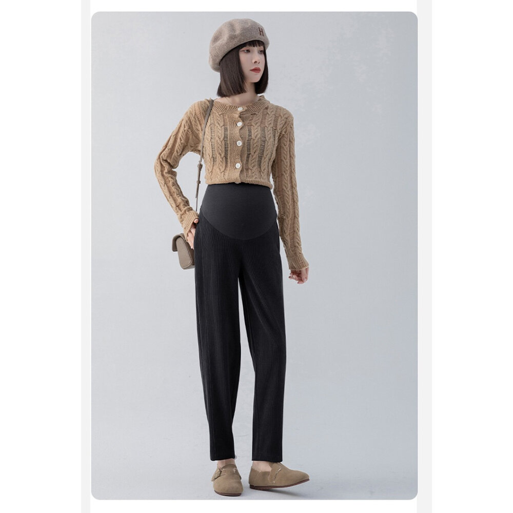 【P1007】秋冬 親膚 舒適 孕婦 老爺褲 高腰 九分褲 寬鬆 托腹褲 韓系 哈倫褲-圖片-1