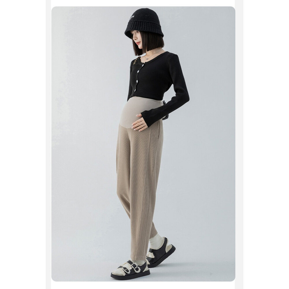 【P1007】秋冬 親膚 舒適 孕婦 老爺褲 高腰 九分褲 寬鬆 托腹褲 韓系 哈倫褲-圖片-3