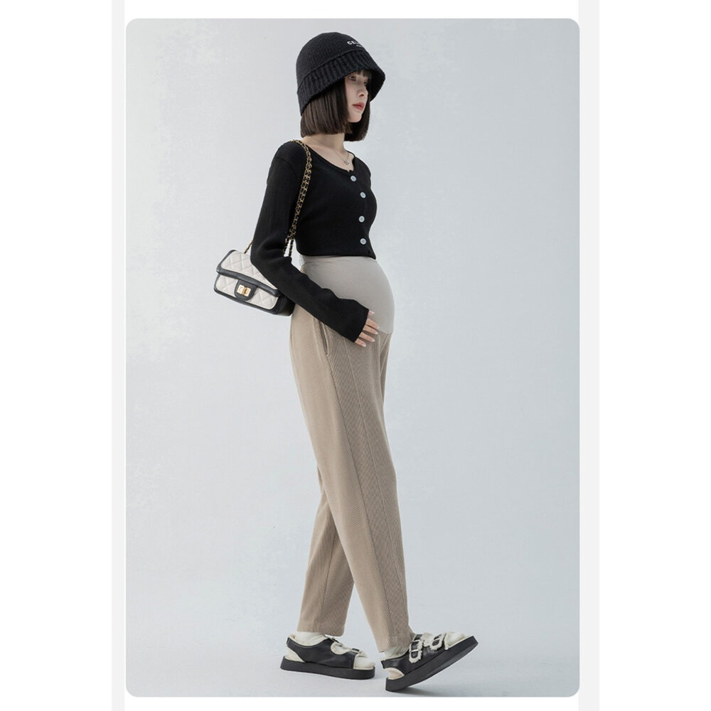 【P1007】秋冬 親膚 舒適 孕婦 老爺褲 高腰 九分褲 寬鬆 托腹褲 韓系 哈倫褲-圖片-7