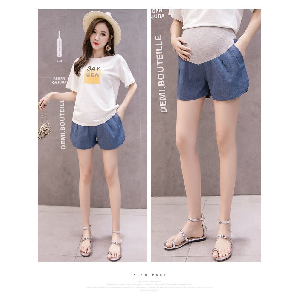 【P1077EB】 夏日 韓系 孕婦 托腹褲 寬鬆 仿牛仔 短褲 薄棉 孕婦托腹褲 孕婦褲-圖片-1