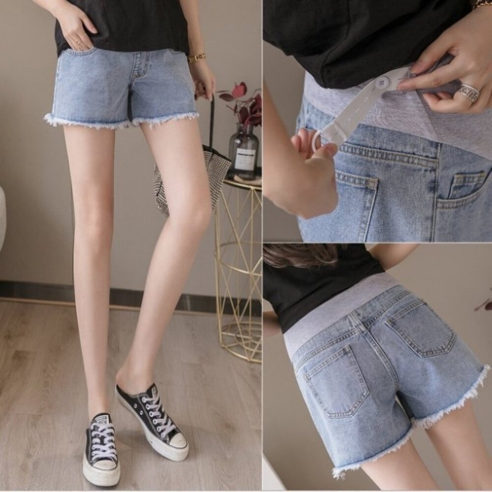 【P1821】 夏日 淺藍 毛鬚托腹褲 毛邊 孕婦 牛仔短褲 牛仔褲 孕婦褲 抓鬚 孕婦短褲-圖片-1