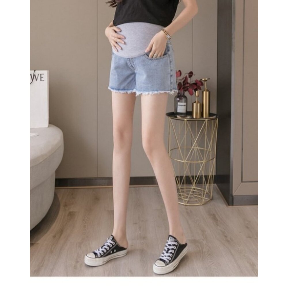 【P1821】 夏日 淺藍 毛鬚托腹褲 毛邊 孕婦 牛仔短褲 牛仔褲 孕婦褲 抓鬚 孕婦短褲-圖片-2