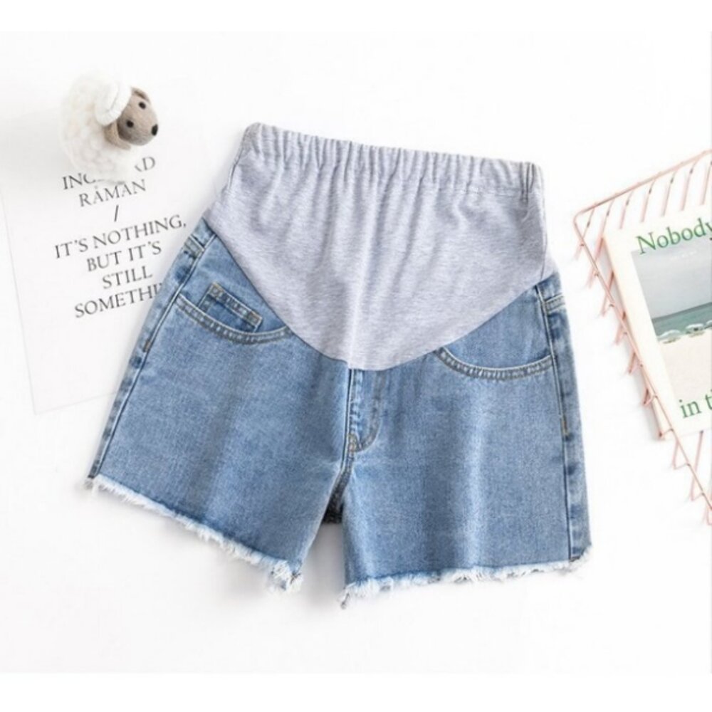 【P1821】 夏日 淺藍 毛鬚托腹褲 毛邊 孕婦 牛仔短褲 牛仔褲 孕婦褲 抓鬚 孕婦短褲-圖片-3