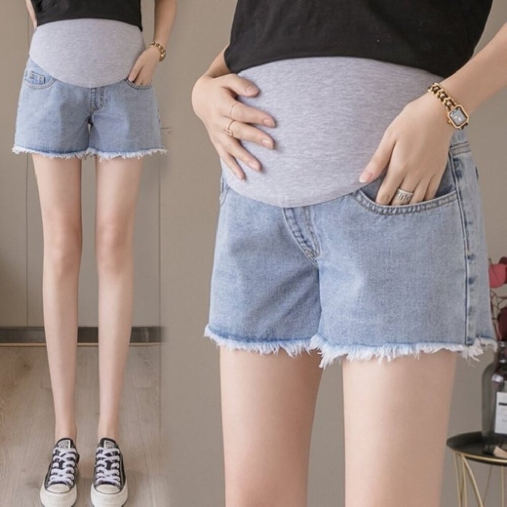 【P1821】 夏日 淺藍 毛鬚托腹褲 毛邊 孕婦 牛仔短褲 牛仔褲 孕婦褲 抓鬚 孕婦短褲-圖片-5