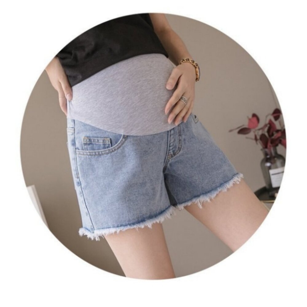 【P1821】 夏日 淺藍 毛鬚托腹褲 毛邊 孕婦 牛仔短褲 牛仔褲 孕婦褲 抓鬚 孕婦短褲-圖片-6