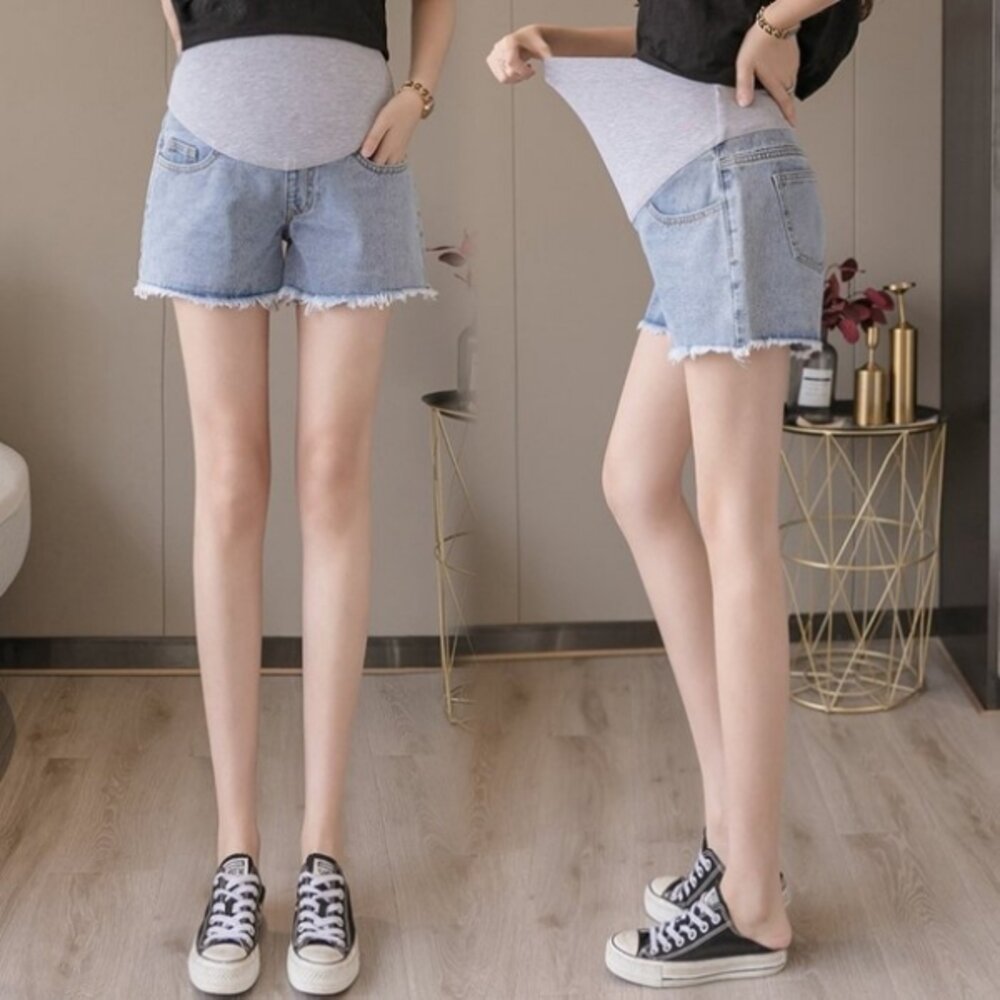 【P1821】 夏日 淺藍 毛鬚托腹褲 毛邊 孕婦 牛仔短褲 牛仔褲 孕婦褲 抓鬚 孕婦短褲-圖片-7