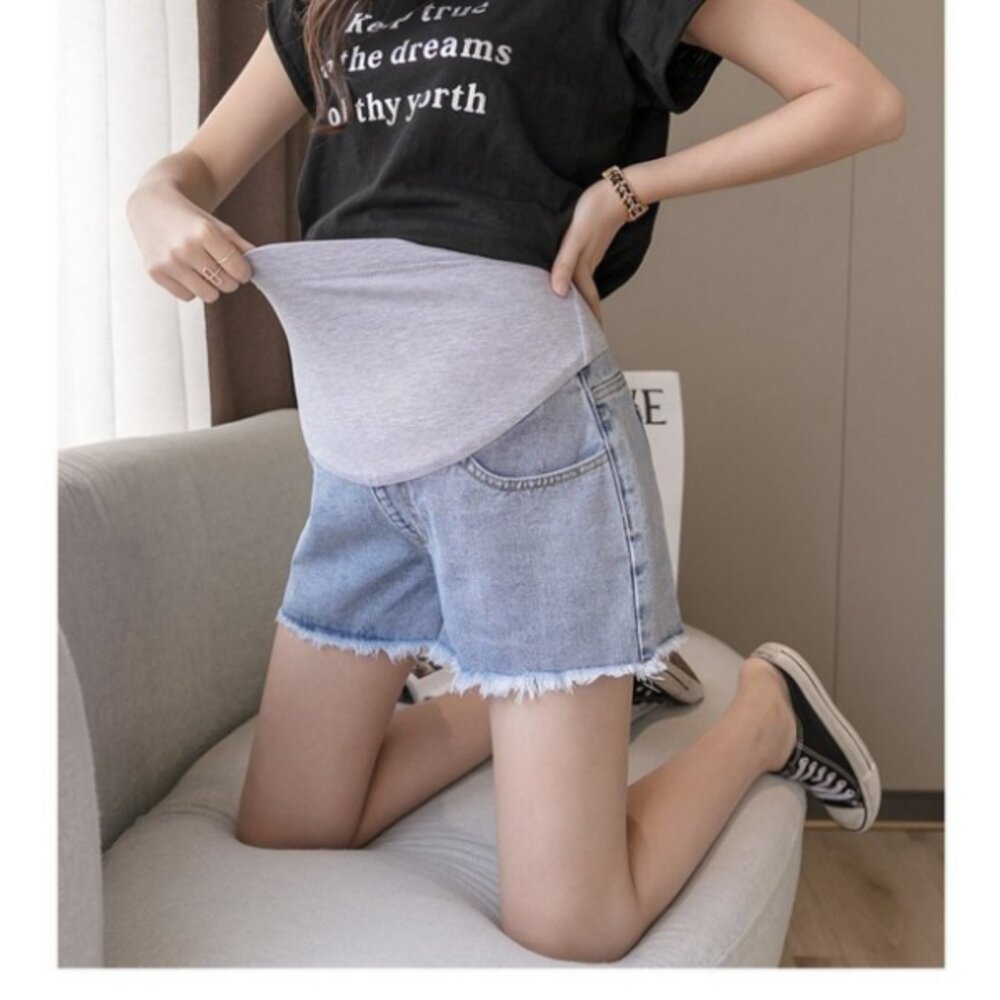 【P1821】 夏日 淺藍 毛鬚托腹褲 毛邊 孕婦 牛仔短褲 牛仔褲 孕婦褲 抓鬚 孕婦短褲-圖片-8