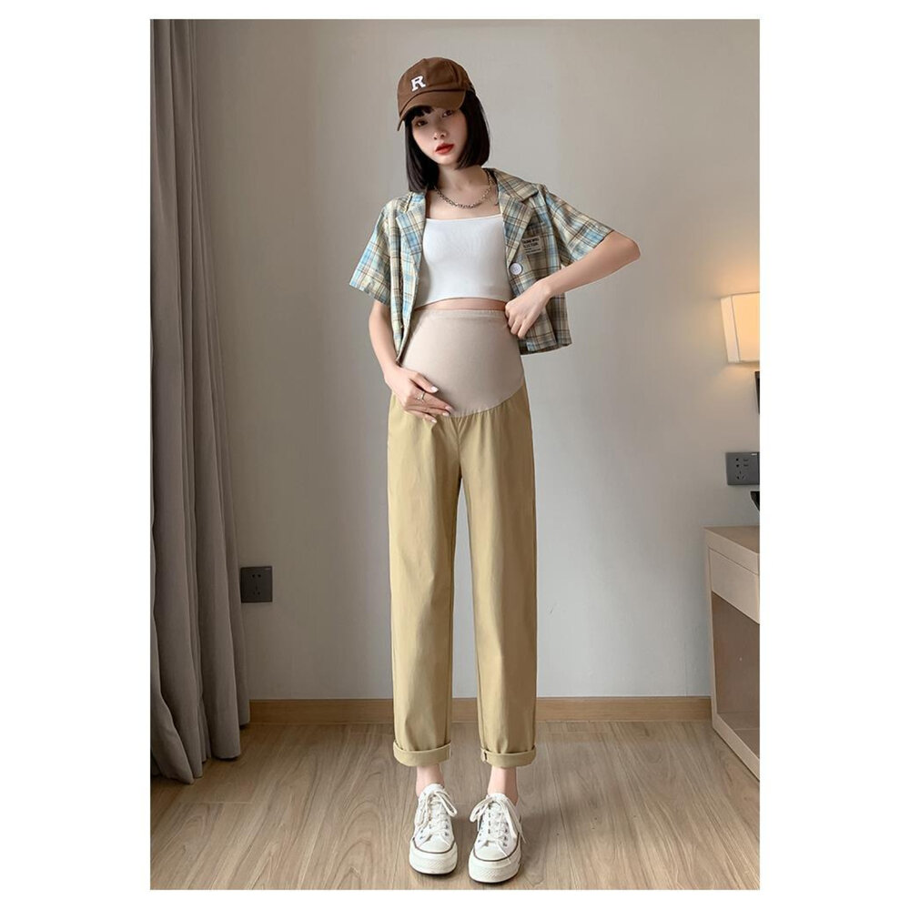 【P1832】 春夏 孕婦高腰托腹褲 薄款 天絲竹節 親膚 透氣 九分褲 孕婦褲 孕婦裝-圖片-2