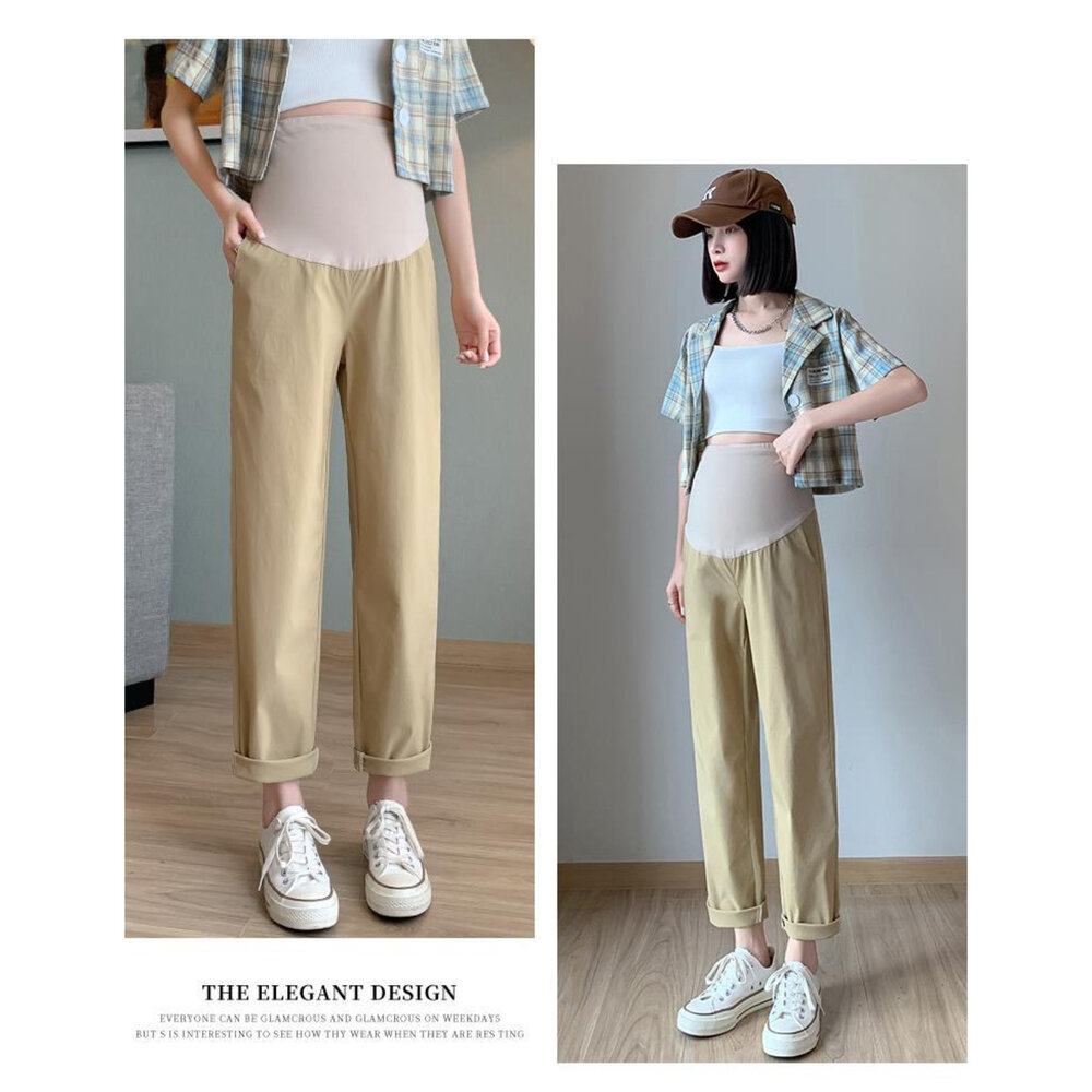 【P1832】 春夏 孕婦高腰托腹褲 薄款 天絲竹節 親膚 透氣 九分褲 孕婦褲 孕婦裝-圖片-4