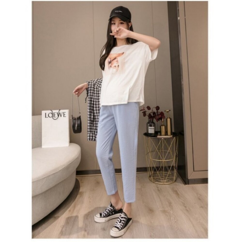 【P1832】 春夏 孕婦高腰托腹褲 薄款 親膚 透氣 九分褲 孕婦褲 孕婦裝-圖片-5