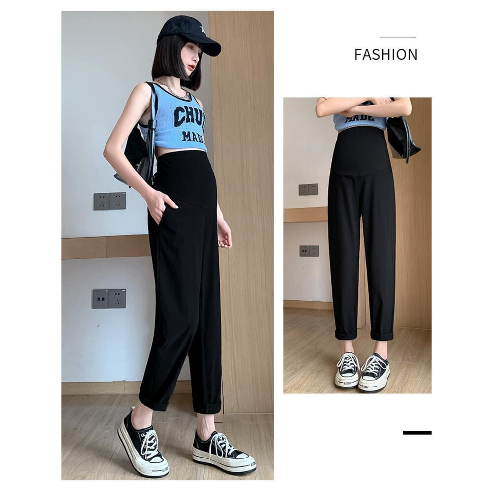 【P1832】 春夏 孕婦高腰托腹褲 薄款 天絲竹節 親膚 透氣 九分褲 孕婦褲 孕婦裝-圖片-8