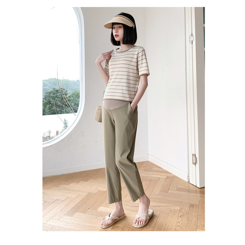 【P1832】 春夏 孕婦高腰托腹褲 薄款 天絲竹節 親膚 透氣 九分褲 孕婦褲 孕婦裝-圖片-9