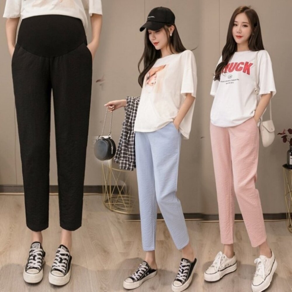 【P1832】春夏孕婦高腰托腹褲薄款天絲竹節親膚透氣九分褲孕婦褲孕婦裝