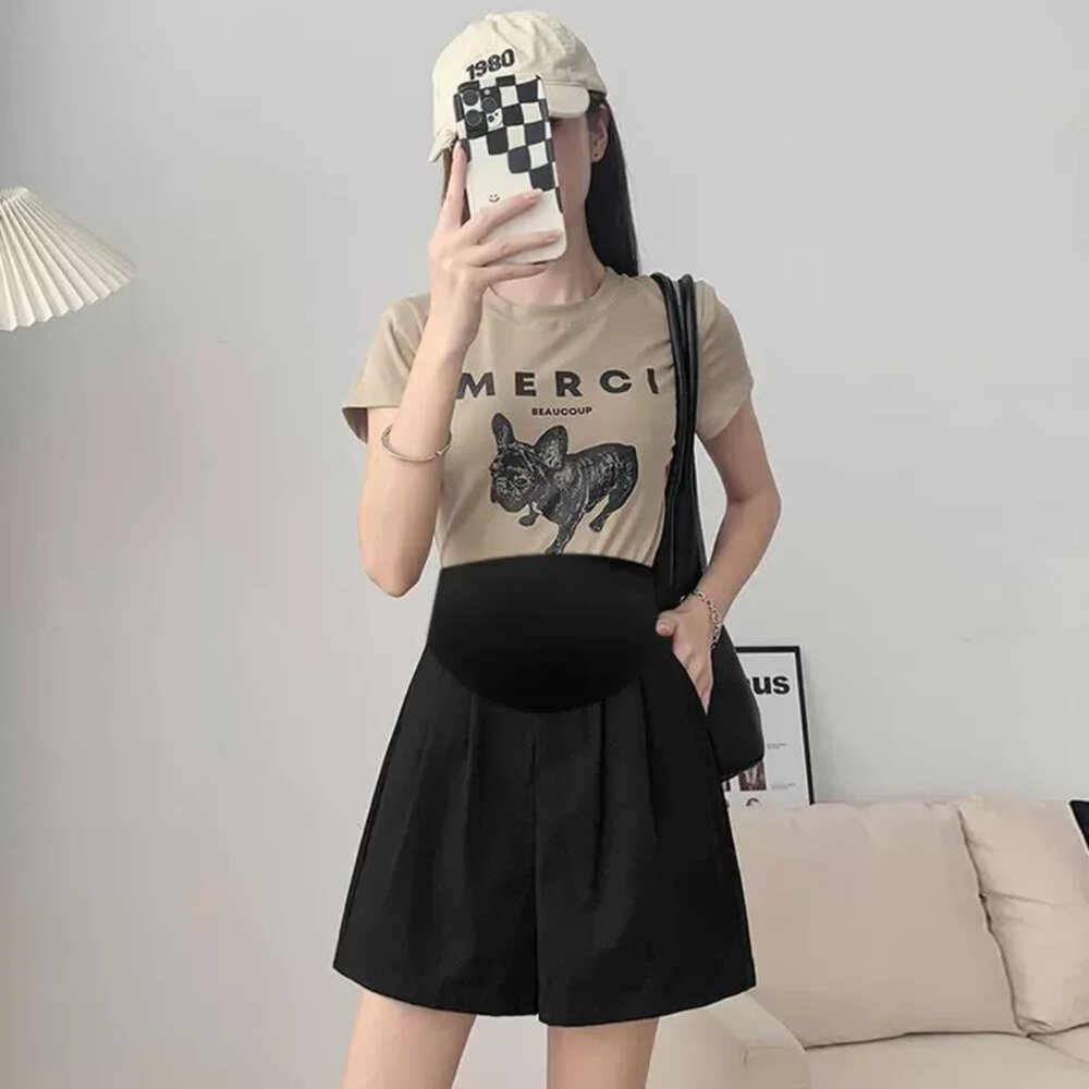 【P2201】 夏日 冰絲 棉麻 A字 韓系 托腹短褲 純色 高腰 托腹褲 孕婦短褲 孕婦褲 孕婦-圖片-1