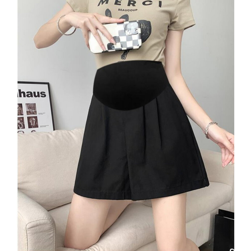 【P2201】 夏日 冰絲 棉麻 A字 韓系 托腹短褲 純色 高腰 托腹褲 孕婦短褲 孕婦褲 孕婦-圖片-2