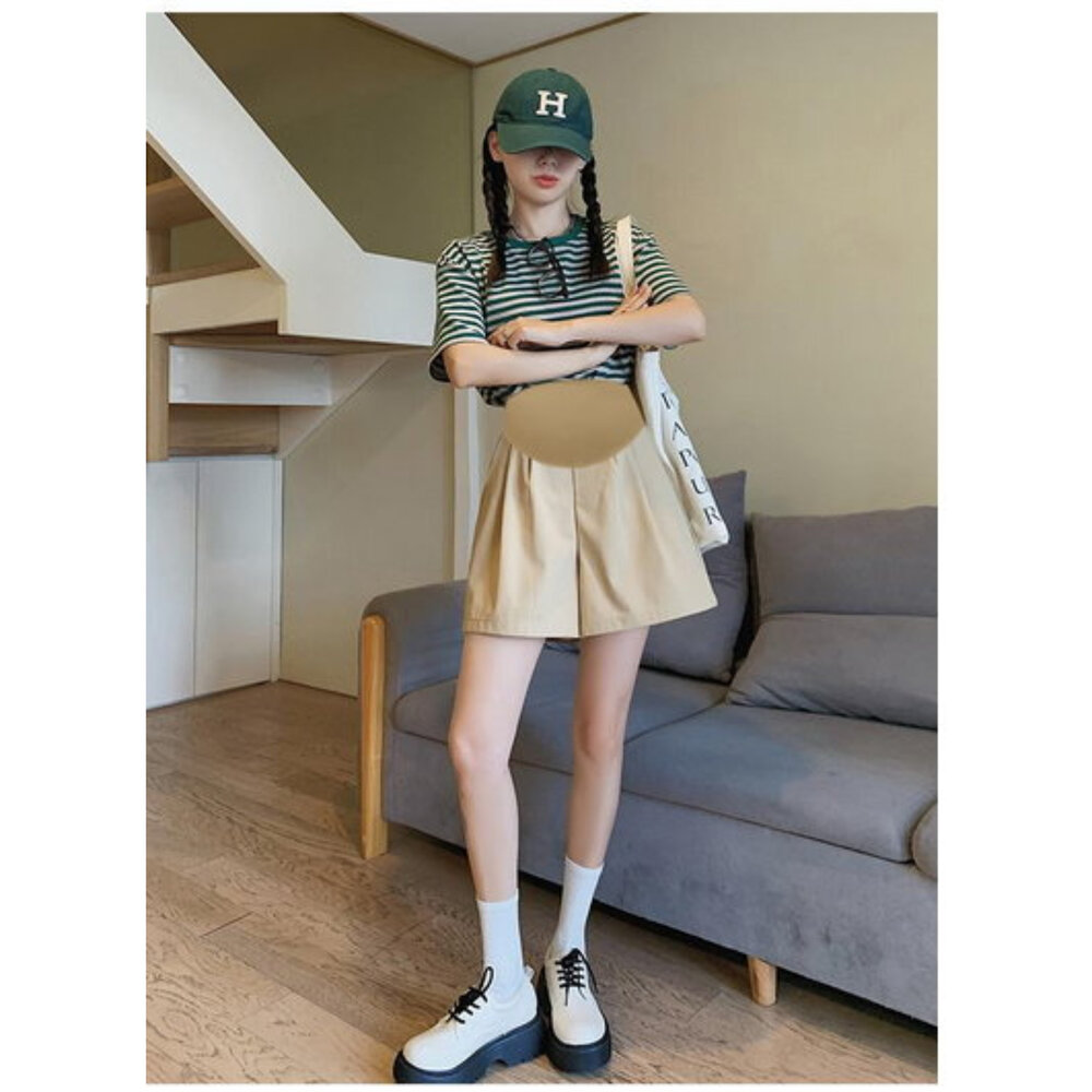 【P2201】 夏日 冰絲 棉麻 A字 韓系 托腹短褲 純色 高腰 托腹褲 孕婦短褲 孕婦褲 孕婦-圖片-4