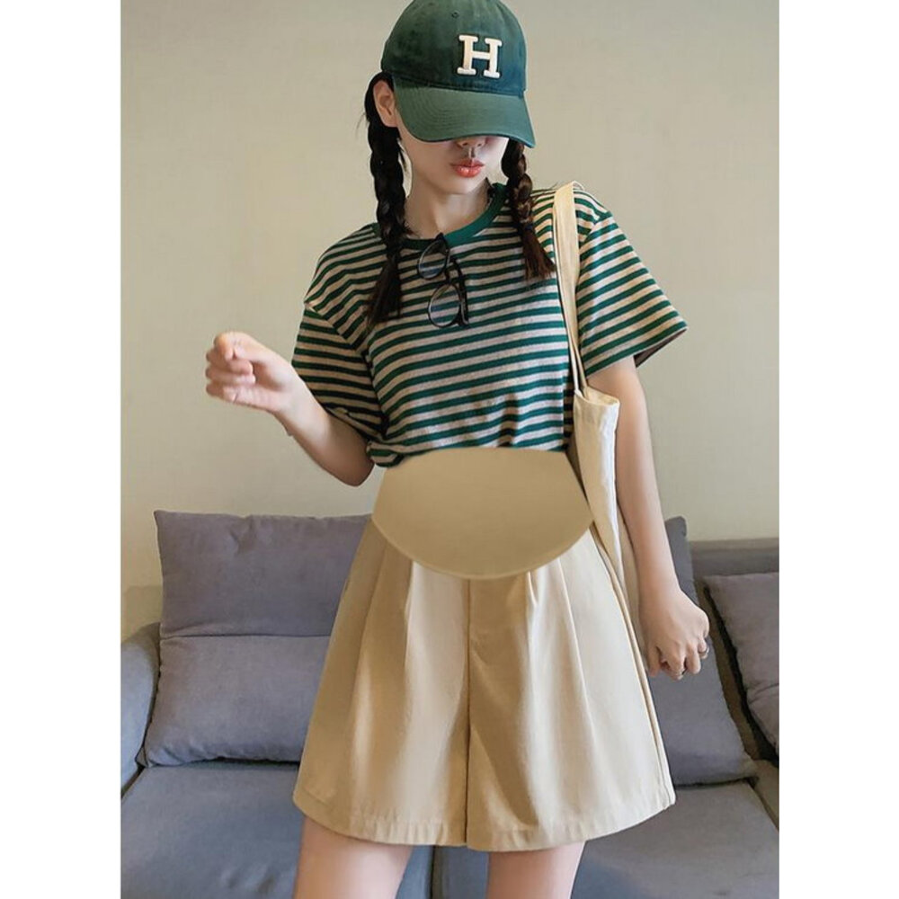 【P2201】 夏日 冰絲 棉麻 A字 韓系 托腹短褲 純色 高腰 托腹褲 孕婦短褲 孕婦褲 孕婦-圖片-5