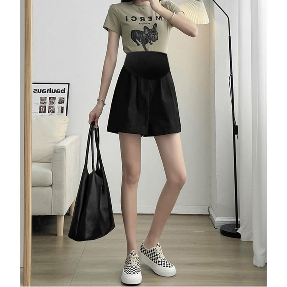 【P2201】 夏日 冰絲 棉麻 A字 韓系 托腹短褲 純色 高腰 托腹褲 孕婦短褲 孕婦褲 孕婦-圖片-7