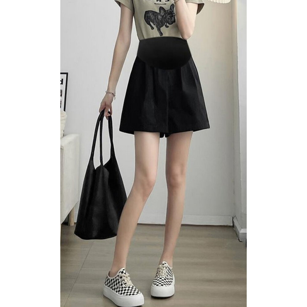 【P2201】 夏日 冰絲 棉麻 A字 韓系 托腹短褲 純色 高腰 托腹褲 孕婦短褲 孕婦褲 孕婦-圖片-8