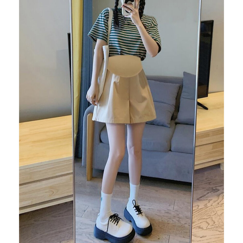 【P2201】 夏日 冰絲 棉麻 A字 韓系 托腹短褲 純色 高腰 托腹褲 孕婦短褲 孕婦褲 孕婦-圖片-9