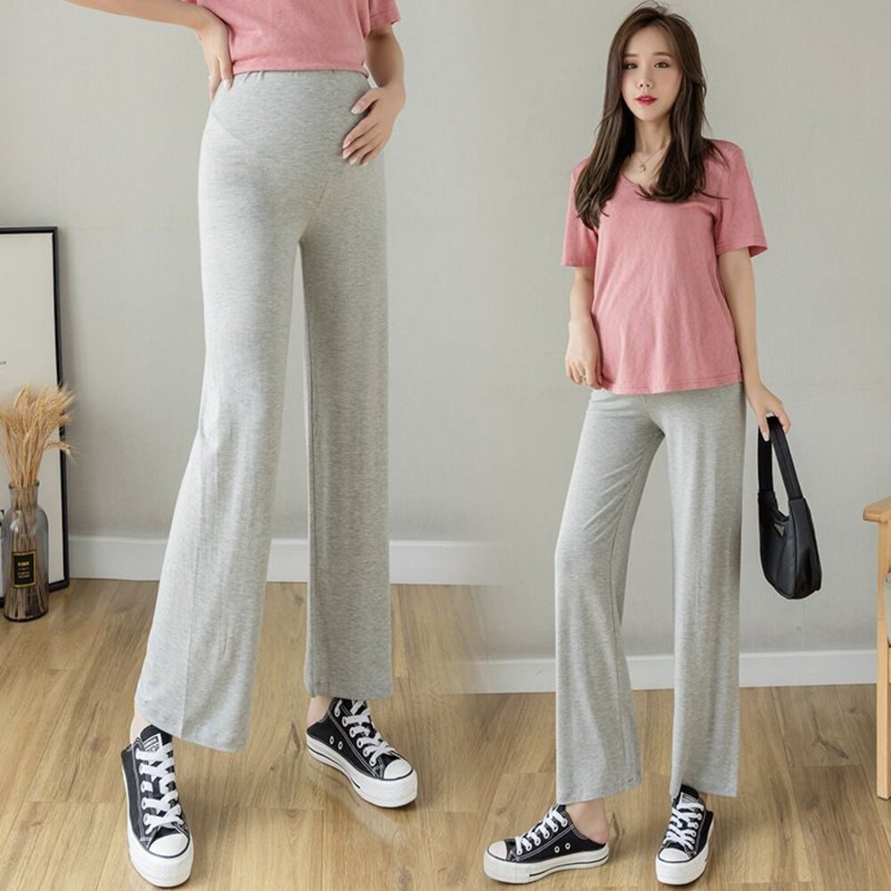 【P2209】 瑜珈褲頭 春夏 韓系 薄款 莫代爾 寬褲 寬鬆 孕婦長褲 孕婦寬褲 高腰 托腹褲 孕婦裝-圖片-4