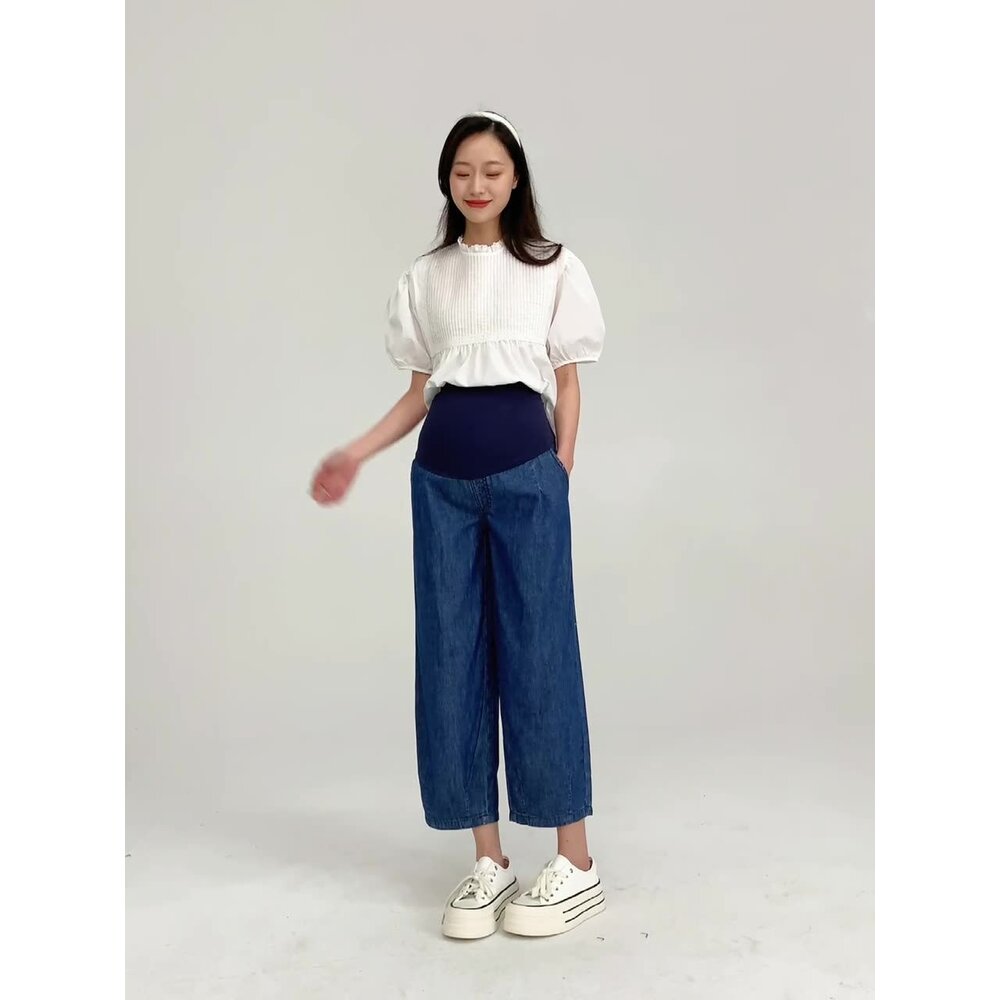 【P2328】 夏日 孕婦牛仔寬褲 九分褲 托腹褲 直筒 寬鬆 孕婦牛仔褲-圖片-3