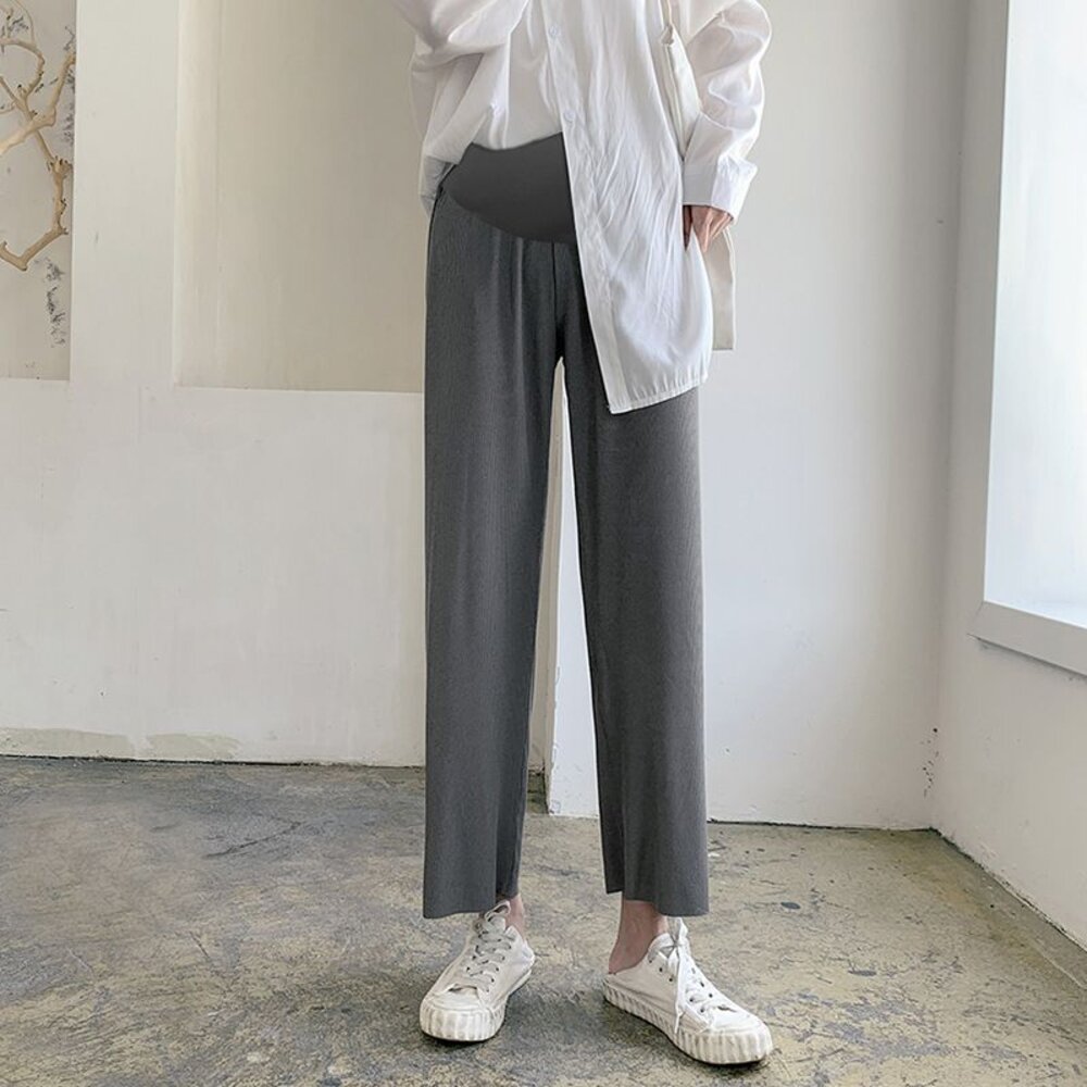 【P2635】 夏日 韓系 實拍 冰絲 涼感 孕婦 寬褲 坑條 九分 寬鬆 高腰 托腹 運動 孕婦褲-圖片-1