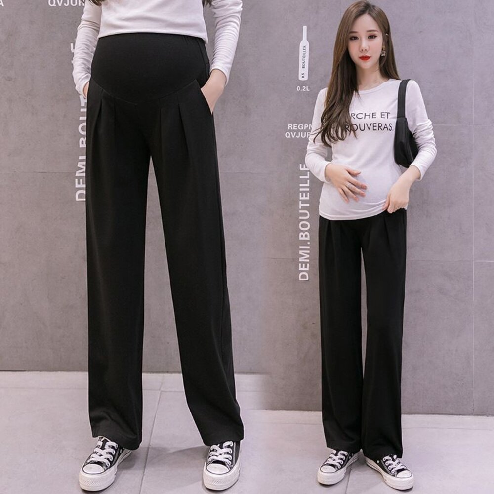 P3303-【P3303】春秋 孕婦垂墜風托腹寬褲 西裝褲 直筒 高腰 九分褲 寬鬆 托腹褲 韓系 實拍