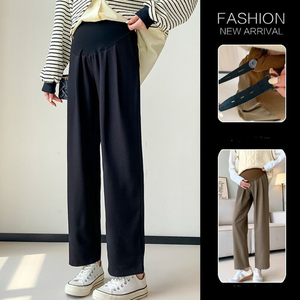 【P3305】春秋 孕婦垂墜風托腹寬褲 西裝褲 直筒 高腰 九分褲 寬鬆 托腹褲 韓系 實拍-圖片-1