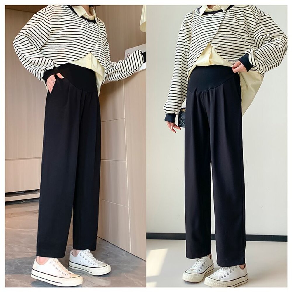 【P3305】春秋 孕婦垂墜風托腹寬褲 西裝褲 直筒 高腰 九分褲 寬鬆 托腹褲 韓系 實拍-圖片-2