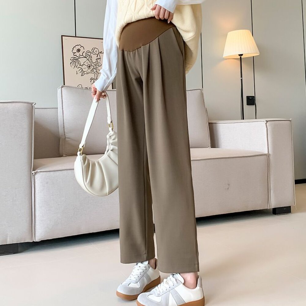 【P3305】春秋 孕婦垂墜風托腹寬褲 西裝褲 直筒 高腰 九分褲 寬鬆 托腹褲 韓系 實拍-圖片-3