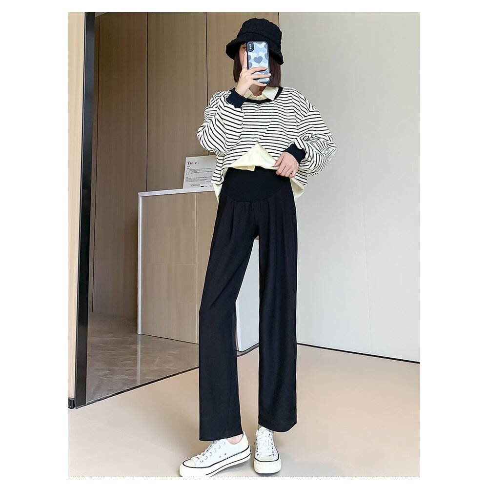 【P3305】春秋 孕婦垂墜風托腹寬褲 西裝褲 直筒 高腰 九分褲 寬鬆 托腹褲 韓系 實拍-圖片-6