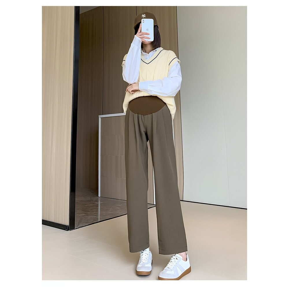 【P3305】春秋 孕婦垂墜風托腹寬褲 西裝褲 直筒 高腰 九分褲 寬鬆 托腹褲 韓系 實拍-圖片-7