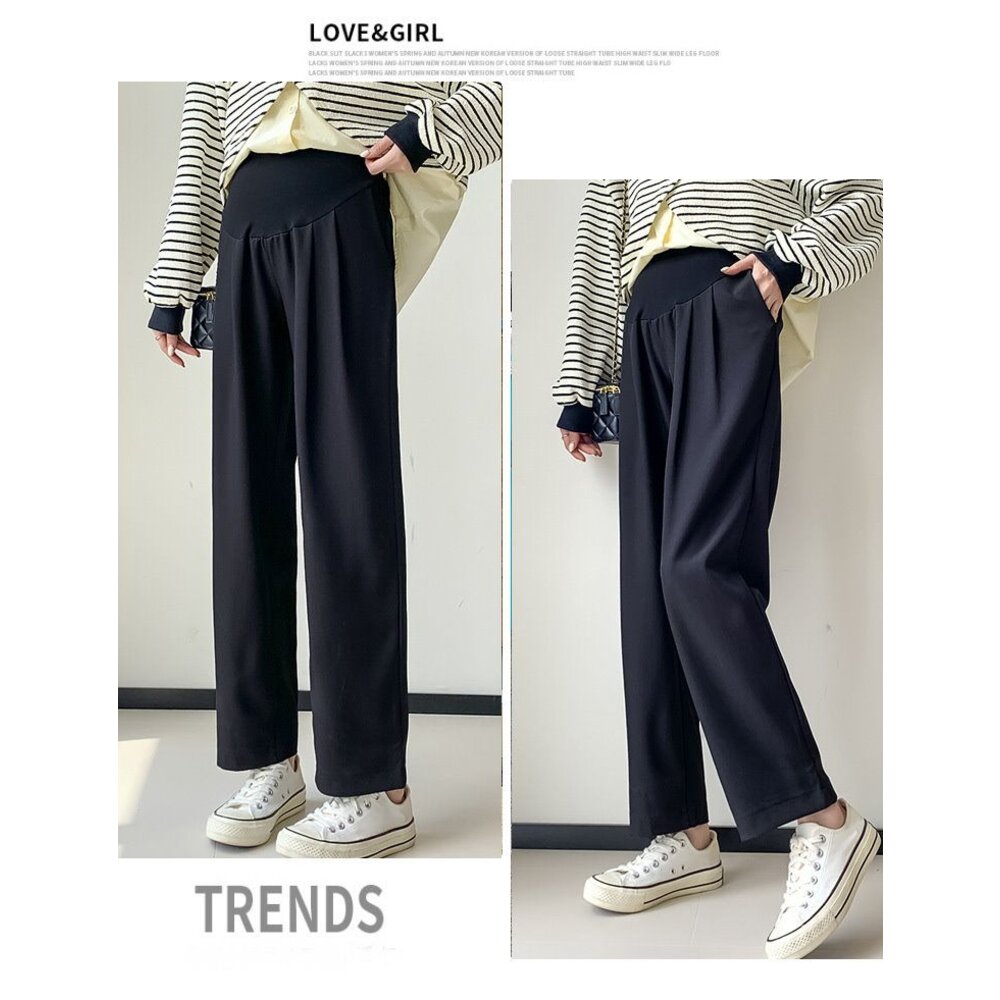 【P3305】春秋 孕婦垂墜風托腹寬褲 西裝褲 直筒 高腰 九分褲 寬鬆 托腹褲 韓系 實拍-圖片-8