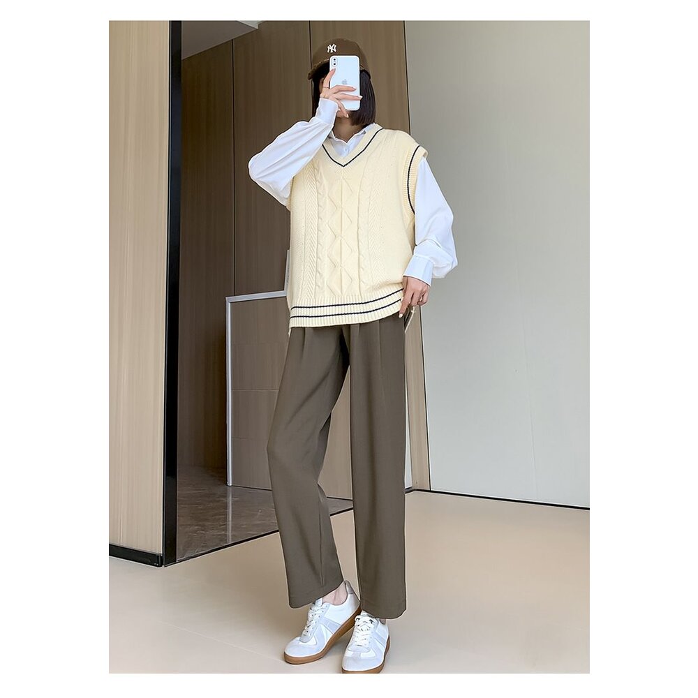 【P3305】春秋 孕婦垂墜風托腹寬褲 西裝褲 直筒 高腰 九分褲 寬鬆 托腹褲 韓系 實拍-圖片-9