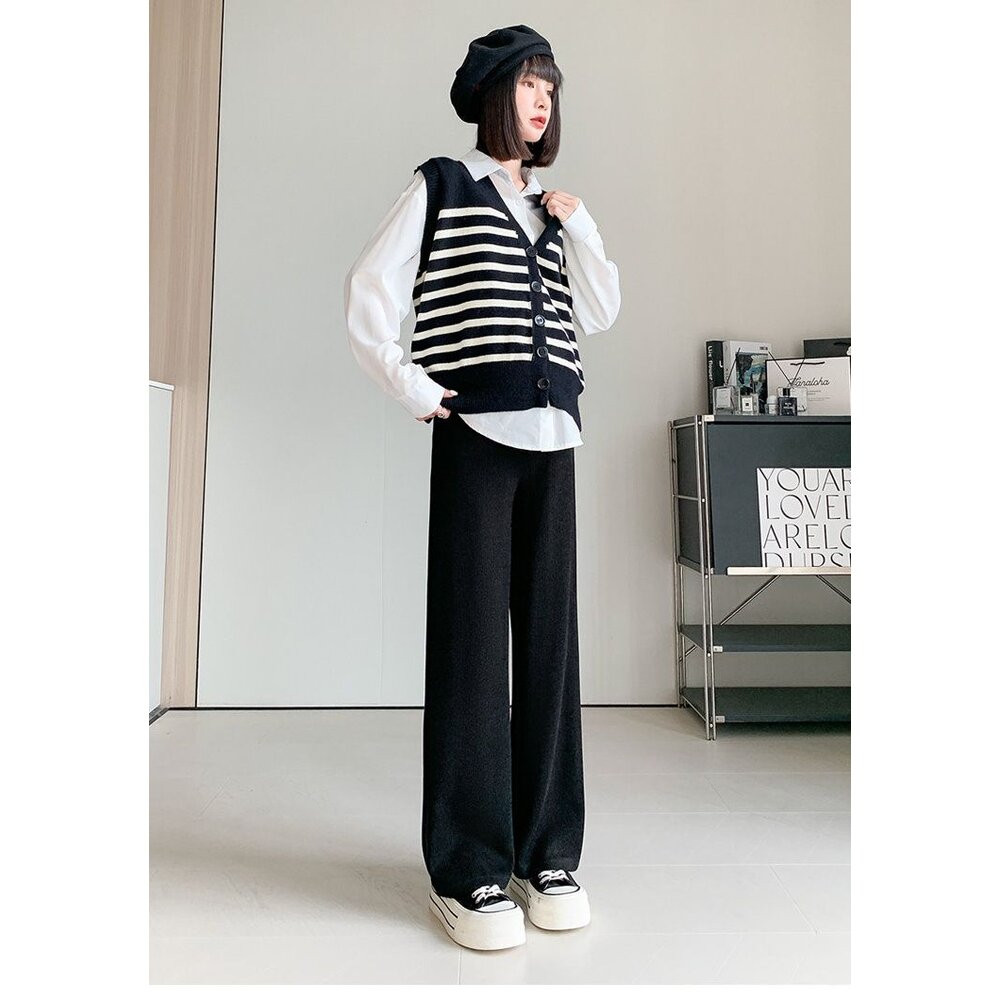 【P3366】 冬日 瑜珈褲頭 仿羊毛絨 坑條 孕婦 寬褲 保暖 孕婦長褲 孕婦褲 高腰 直筒 保暖褲-圖片-1