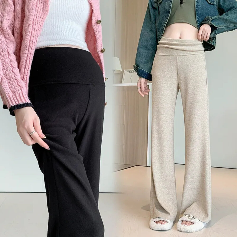 【P4029】 秋冬 保暖 仿羊絨棉 舒柔 微喇叭 高腰 瑜珈 寬褲 托腹褲 孕婦 實拍-圖片-1