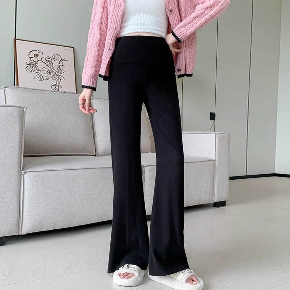 【P4029】 秋冬 保暖 仿羊絨棉 舒柔 微喇叭 高腰 瑜珈 寬褲 托腹褲 孕婦 實拍-圖片-3